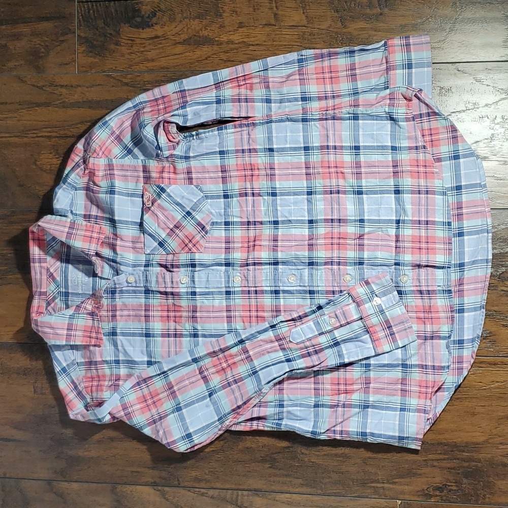 Vineyard Vines Girls Button Down Plaid Shirt Seaside Blue sz 14